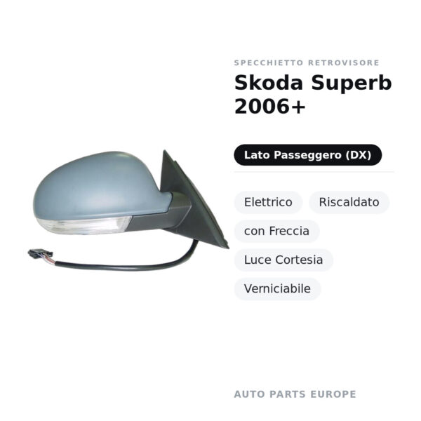 Specchietto Retrovisore Destro Skoda Superb 2006+ – Elettrico, Riscaldato, con Freccia, Luce Cortesia, Verniciabile – foto 2