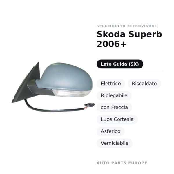 Außenspiegel Links Skoda Superb 2006+ – Elektrisch, Beheizt, Klappbar, mit Blinker, Umgebungslicht, Asphärisch, Lackierbar