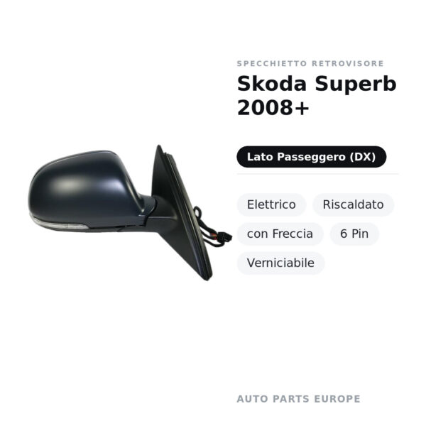 Specchietto Retrovisore Destro Skoda Superb 2008+ – Elettrico, Riscaldato, con Freccia, 6 Pin, Verniciabile – foto 2
