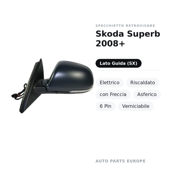 Specchietto Retrovisore Sinistro Skoda Superb 2008+ – Elettrico, Riscaldato, con Freccia, Asferico, 6 Pin, Verniciabile