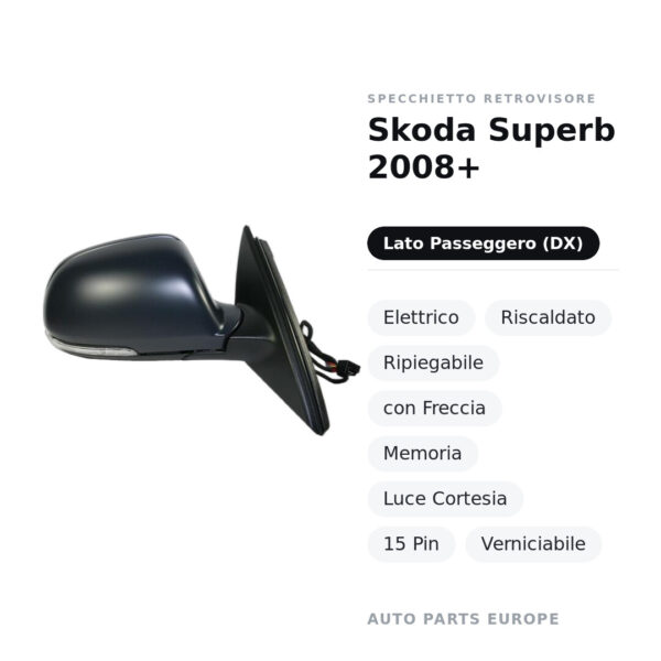 Außenspiegel Rechts Skoda Superb 2008+ – Elektrisch, Beheizt, Klappbar, mit Blinker, Memory, Innenleuchte, 15-polig