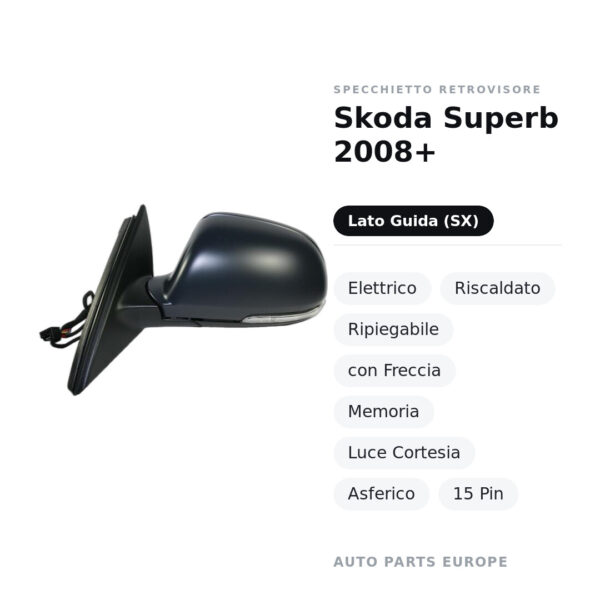 Specchietto Retrovisore Sinistro Skoda Superb 2008+ – Elettrico, Riscaldato, Ripiegabile, con Freccia, Memoria, Luce