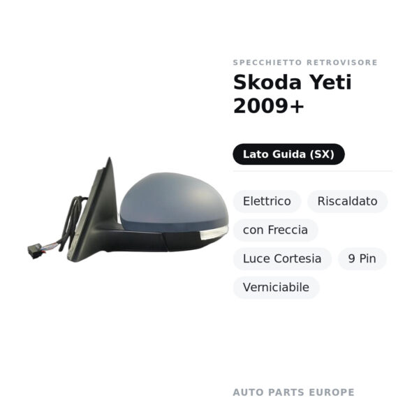 Specchietto Retrovisore Sinistro Skoda Yeti 2009+ – Elettrico, Riscaldato, con Freccia, Luce Cortesia, 9 Pin, Verniciabile