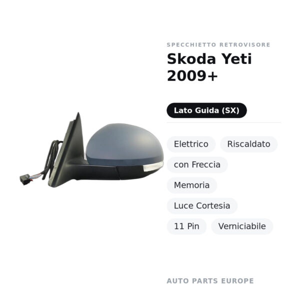 Außenspiegel Links Skoda Yeti 2009+ – Elektrisch, Beheizt, mit Blinker, Memory, Innenleuchte, 11 Pin, Lackierbar – Bild 2