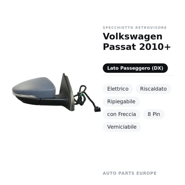 Specchietto Retrovisore Destro Volkswagen Passat 2010+ – Elettrico, Riscaldato, Ripiegabile, con Freccia, 8 Pin