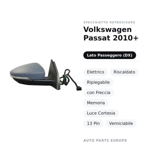 Specchietto Retrovisore Destro Volkswagen Passat 2010+ – Elettrico, Riscaldato, Ripiegabile, con Freccia, Memoria, Luce