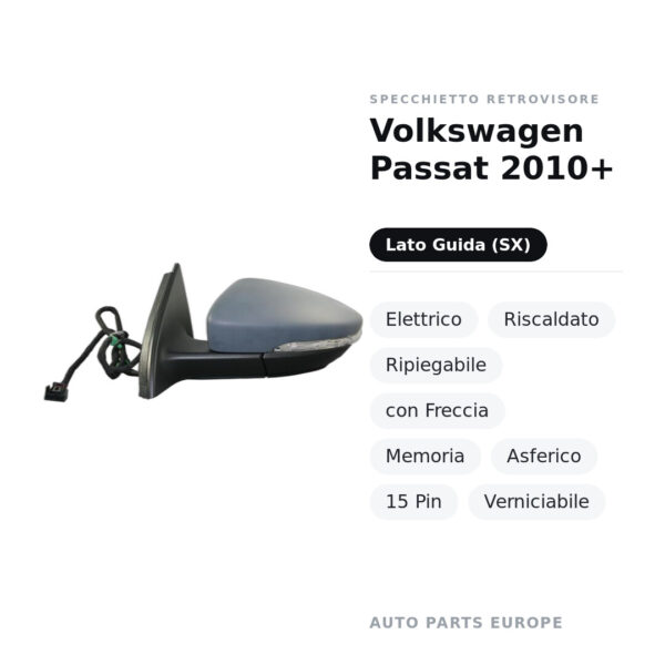 Specchietto Retrovisore Sinistro Volkswagen Passat 2010+ – Elettrico, Riscaldato, Ripiegabile, con Freccia, Memoria