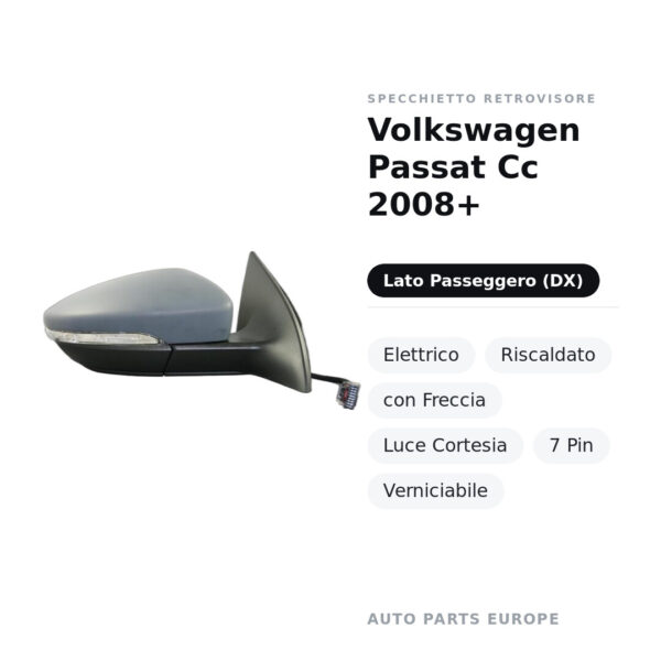 Specchietto Retrovisore Destro Volkswagen Passat Cc 2008+ – Elettrico, Riscaldato, con Freccia, Luce Cortesia, 7 Pin