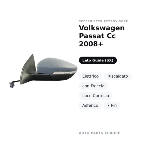 Specchietto Retrovisore Sinistro Volkswagen Passat Cc 2008+ – Elettrico, Riscaldato, con Freccia, Luce Cortesia, Asferico, 7