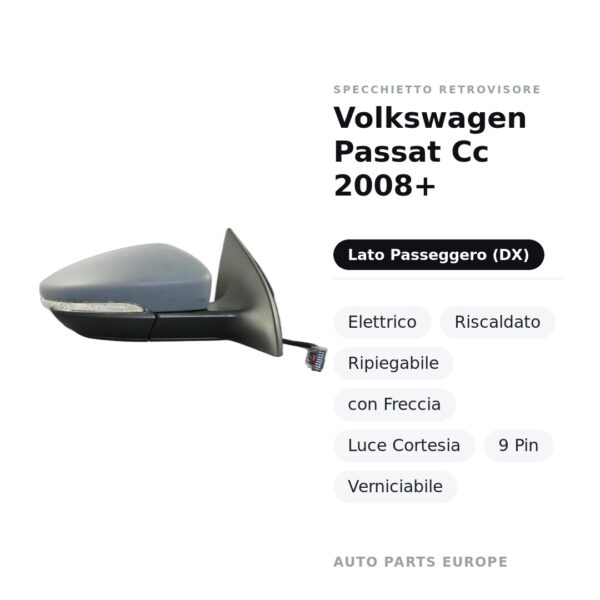 Specchietto Retrovisore Destro Volkswagen Passat Cc 2008+ – Elettrico, Riscaldato, Ripiegabile, con Freccia, Luce Cortesia