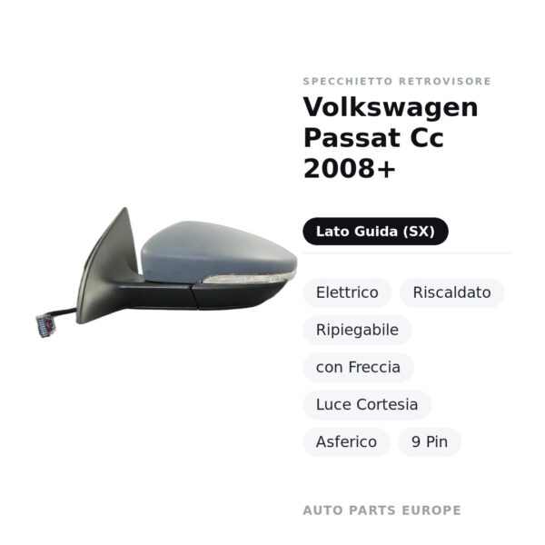 Specchietto Retrovisore Sinistro Volkswagen Passat Cc 2008+ – Elettrico, Riscaldato, Ripiegabile, con Freccia, Luce