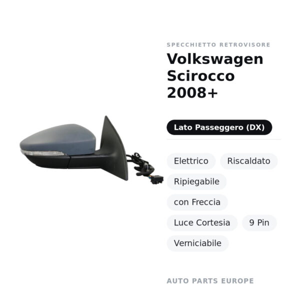 Specchietto Retrovisore Destro Volkswagen Scirocco 2008+ – Elettrico, Riscaldato, Ripiegabile, con Freccia, Luce Cortesia, 9