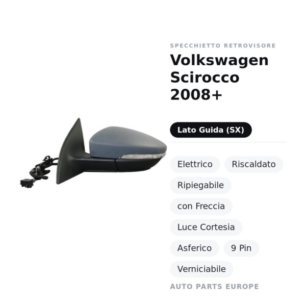 Specchietto Retrovisore Sinistro Volkswagen Scirocco 2008+ – Elettrico, Riscaldato, Ripiegabile, con Freccia, Luce Cortesia