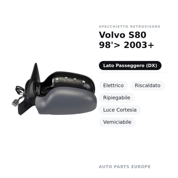 Specchietto Retrovisore Destro Volvo S80 98’> 2003+ – Elettrico, Riscaldato, Ripiegabile, Luce Cortesia, Verniciabile – foto