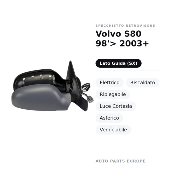 Specchietto Retrovisore Sinistro Volvo S80 98’> 2003+ – Elettrico, Riscaldato, Ripiegabile, Luce Cortesia, Asferico