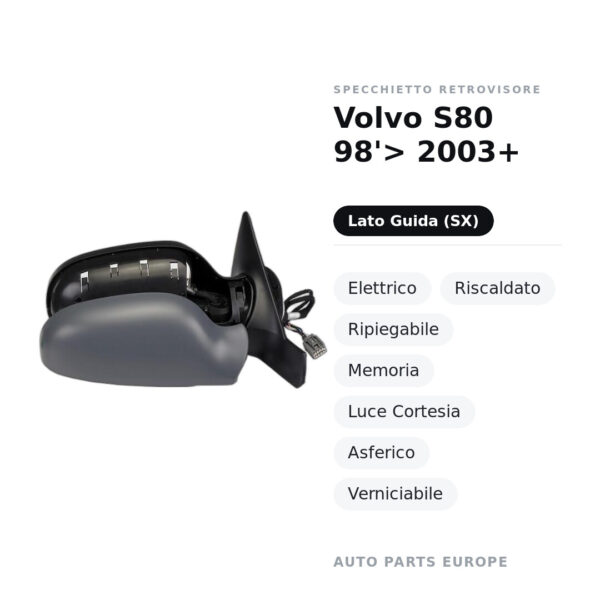 Specchietto Retrovisore Sinistro Volvo S80 98’> 2003+ – Elettrico, Riscaldato, Ripiegabile, Memoria, Luce Cortesia