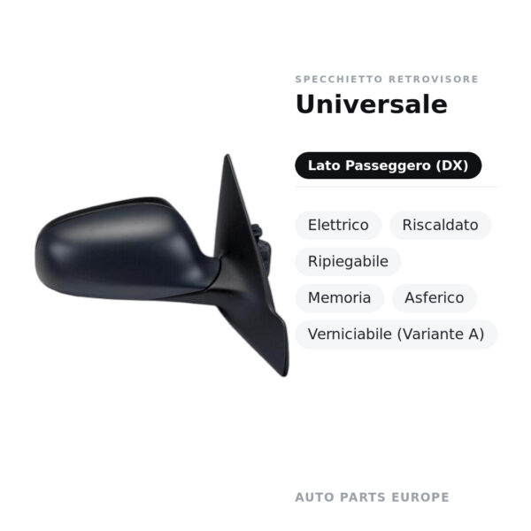 Specchietto Retrovisore Destro Universale – Elettrico, Riscaldato, Ripiegabile, Memoria, Asferico, Verniciabile (Variante A)