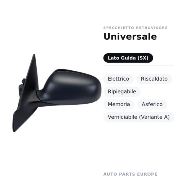 Specchietto Retrovisore Sinistro Universale – Elettrico, Riscaldato, Ripiegabile, Memoria, Asferico, Verniciabile (Variante