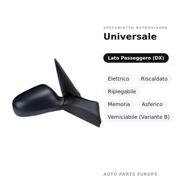 Specchietto Retrovisore Destro Universale – Elettrico, Riscaldato, Ripiegabile, Memoria, Asferico, Verniciabile (Variante B)