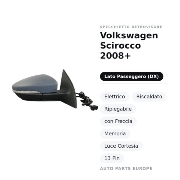 Specchietto Retrovisore Destro Volkswagen Scirocco 2008+ – Elettrico, Riscaldato, Ripiegabile, con Freccia, Memoria, Luce