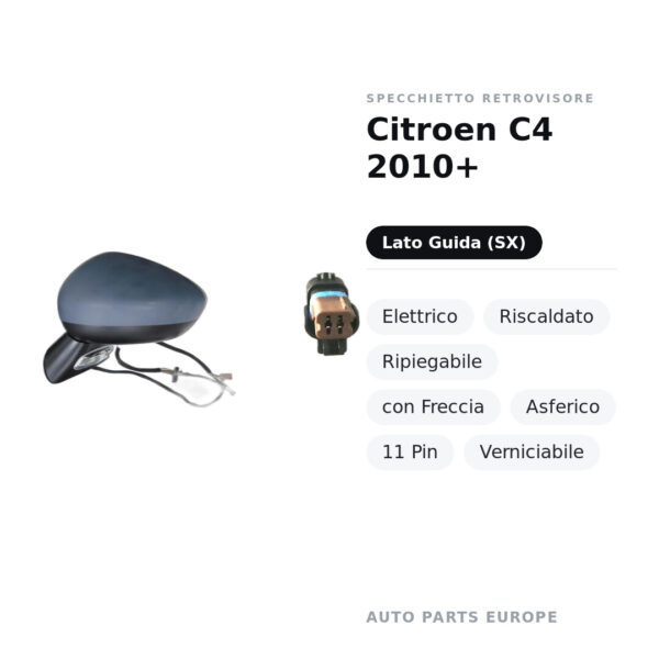 Außenspiegel Links Citroen C4 2010+ – Elektrisch, Beheizt, Klappbar, mit Blinker, Asphärisch, 11-polig, Lackierbar – Bild 2