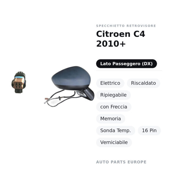 Außenspiegel Rechts Citroen C4 2010+ – Elektrisch, Beheizt, Klappbar, mit Blinker, Memory, Temperatursensor, 16-polig