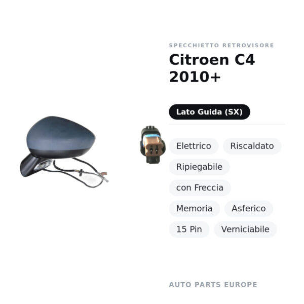 Specchietto Retrovisore Sinistro Citroen C4 2010+ – Elettrico, Riscaldato, Ripiegabile, con Freccia, Memoria, Asferico, 15