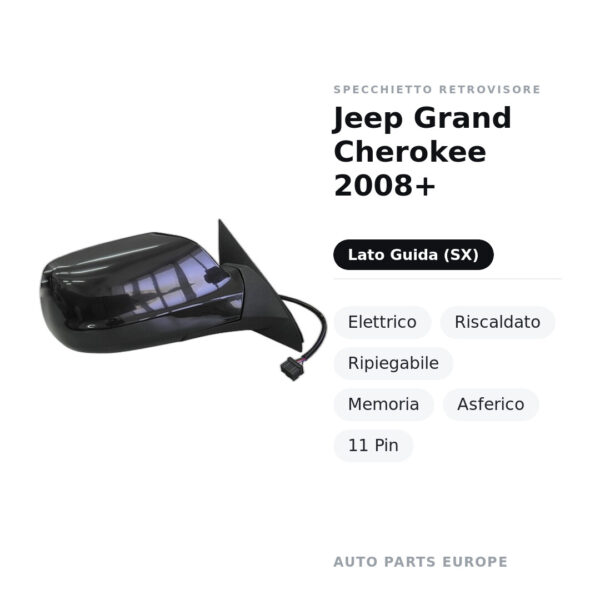 Specchietto Retrovisore Sinistro Jeep Grand Cherokee 2008+ – Elettrico, Riscaldato, Ripiegabile, Memoria, Asferico, 11 Pin