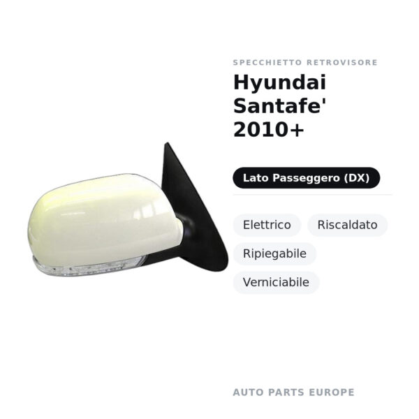 Specchietto Retrovisore Destro Hyundai Santafe’ 2010+ – Elettrico, Riscaldato, Ripiegabile, Verniciabile – foto 2