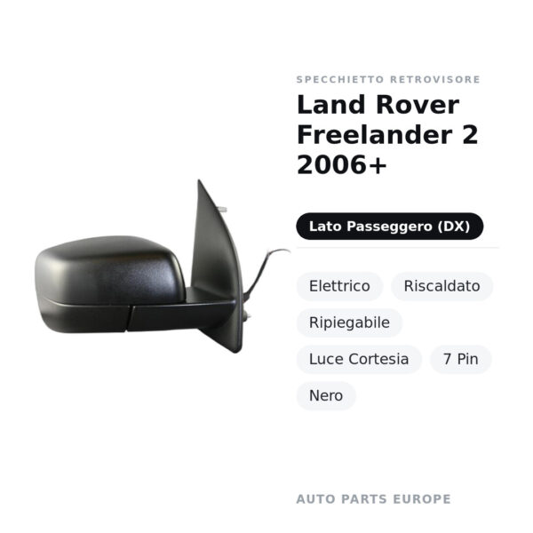 Specchietto Retrovisore Destro Land Rover Freelander 2 2006+ – Elettrico, Riscaldato, Ripiegabile, Luce Cortesia, 7 Pin
