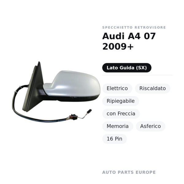 Specchietto Retrovisore Sinistro Audi A4 07 2009+ – Elettrico, Riscaldato, Ripiegabile, con Freccia, Memoria, Asferico, 16