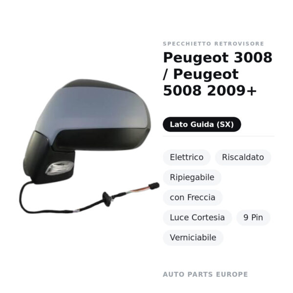 Außenspiegel Links Peugeot 3008 / Peugeot 5008 2009+ – Elektrisch, Beheizt, Klappbar, mit Blinker, Innenleuchte, 9-polig