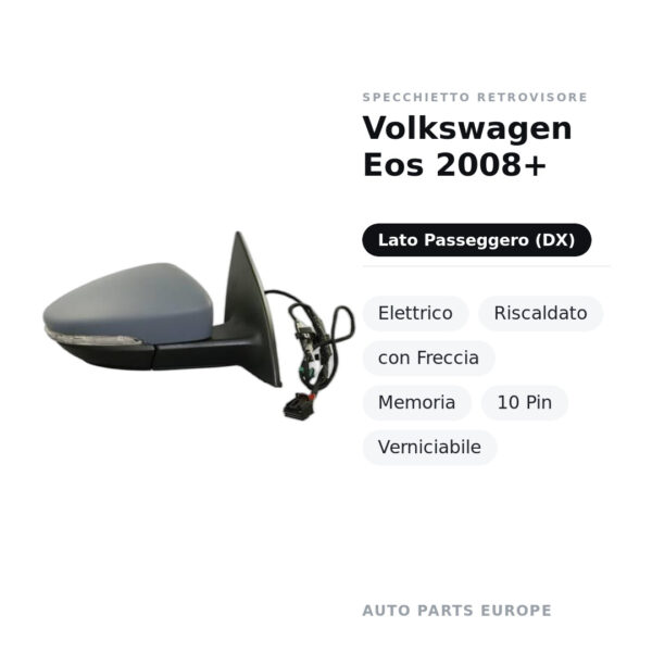 Specchietto Retrovisore Destro Volkswagen Eos 2008+ – Elettrico, Riscaldato, con Freccia, Memoria, 10 Pin, Verniciabile