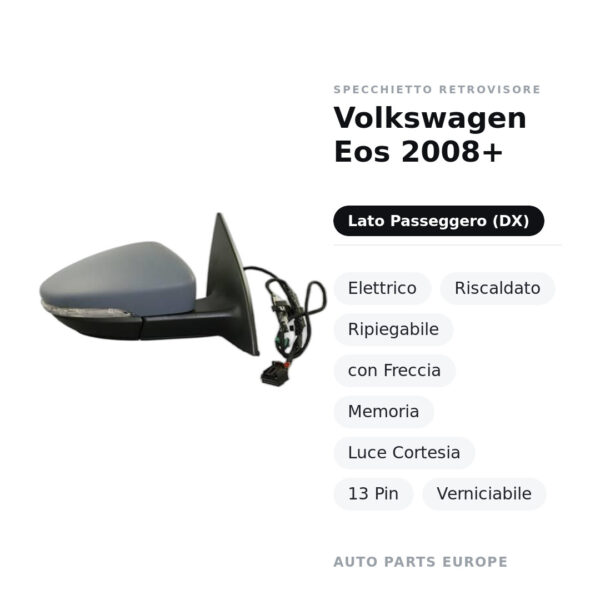 Außenspiegel Rechts Volkswagen Eos 2008+ – Elektrisch, Beheizt, Klappbar, mit Blinker, Speicher, Umgebungslicht, 13-polig