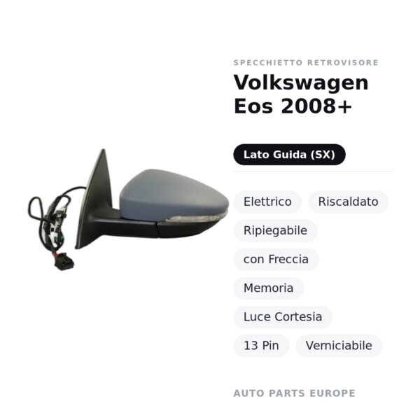Außenspiegel Links Volkswagen Eos 2008+ – Elektrisch, Beheizt, Klappbar, mit Blinker, Speicher, Innenleuchte, 13 Pin