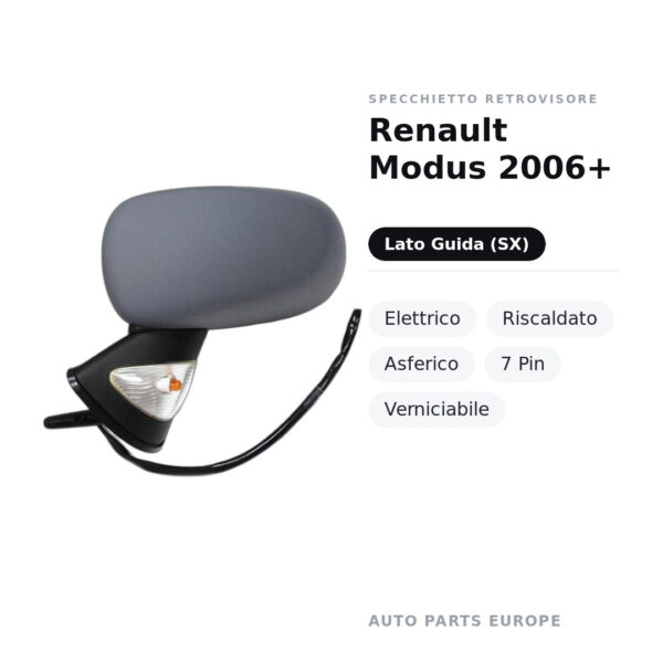 Außenspiegel Links Renault Modus 2006+ – Elektrisch, Beheizt, Asphärisch, 7-polig, Lackierbar – Bild 2