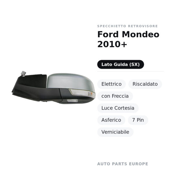 Specchietto Retrovisore Sinistro Ford Mondeo 2010+ – Elettrico, Riscaldato, con Freccia, Luce Cortesia, Asferico, 7 Pin