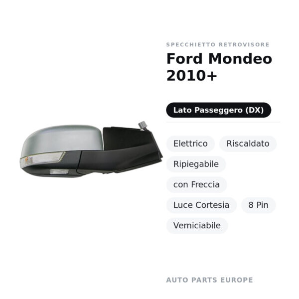 Außenspiegel Rechts Ford Mondeo 2010+ – Elektrisch, Beheizt, Klappbar, mit Blinker, Innenleuchte, 8-polig, Lackierbar – Bild