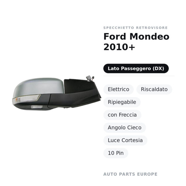 Specchietto Retrovisore Destro Ford Mondeo 2010+ – Elettrico, Riscaldato, Ripiegabile, con Freccia, Angolo Cieco, Luce