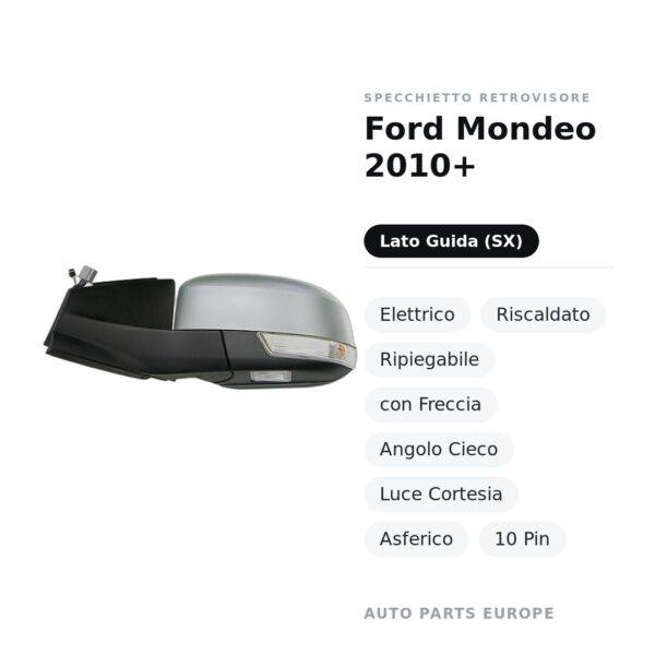 Specchietto Retrovisore Sinistro Ford Mondeo 2010+ – Elettrico, Riscaldato, Ripiegabile, con Freccia, Angolo Cieco, Luce