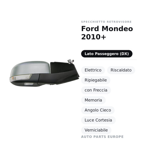 Außenspiegel Rechts Ford Mondeo 2010+ – Elektrisch, Beheizt, Klappbar, mit Blinker, Speicher, Toter Winkel, Umgebungslicht