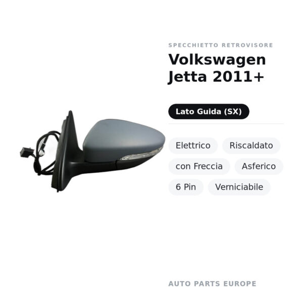 Specchietto Retrovisore Sinistro Volkswagen Jetta 2011+ – Elettrico, Riscaldato, con Freccia, Asferico, 6 Pin, Verniciabile