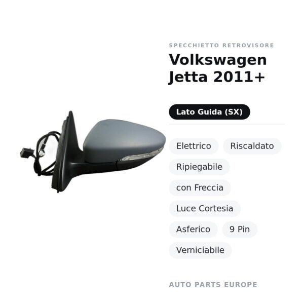 Specchietto Retrovisore Sinistro Volkswagen Jetta 2011+ – Elettrico, Riscaldato, Ripiegabile, con Freccia, Luce Cortesia