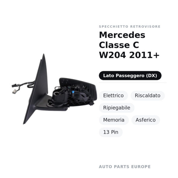Außenspiegel Rechts Mercedes Klasse C W204 2011+ – Elektrisch, Beheizt, Klappbar, Memory, Asphärisch, 13 Pin – Bild 2