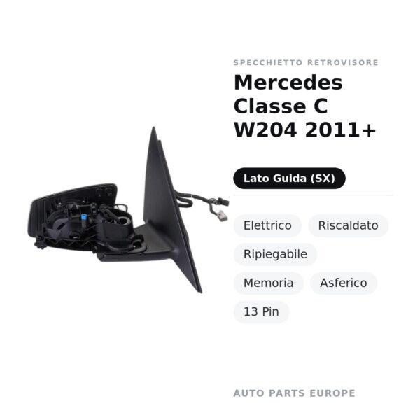 Außenspiegel Links Mercedes C-Klasse W204 2011+ – Elektrisch, Beheizt, Klappbar, Memory, Asphärisch, 13-polig – Bild 2