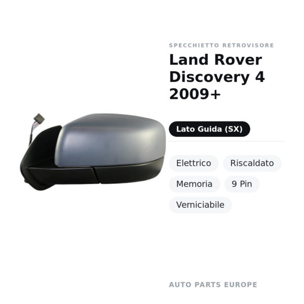 Specchietto Retrovisore Sinistro Land Rover Discovery 4 2009+ – Elettrico, Riscaldato, Memoria, 9 Pin, Verniciabile – foto 2