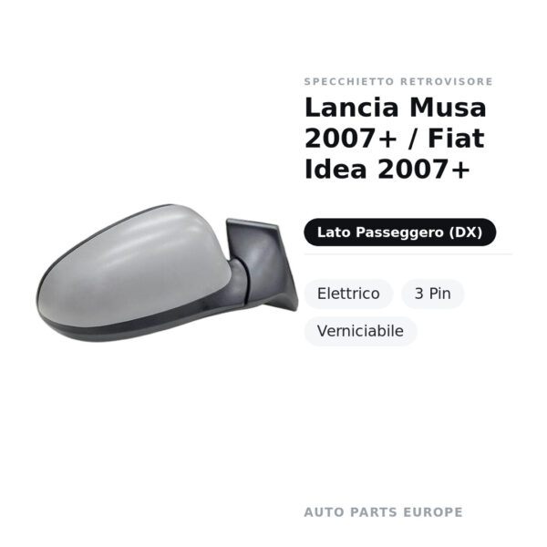 Außenspiegel Rechts Lancia Musa 2007+ / Fiat Idea 2007+ – Elektrisch, 3-polig, Lackierbar – Bild 2