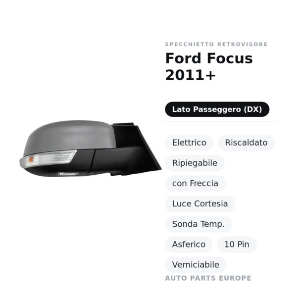 Außenspiegel Rechts Ford Focus 2011+ – Elektrisch, Beheizt, Klappbar, mit Blinker, Courtesy Light, Temperatursensor