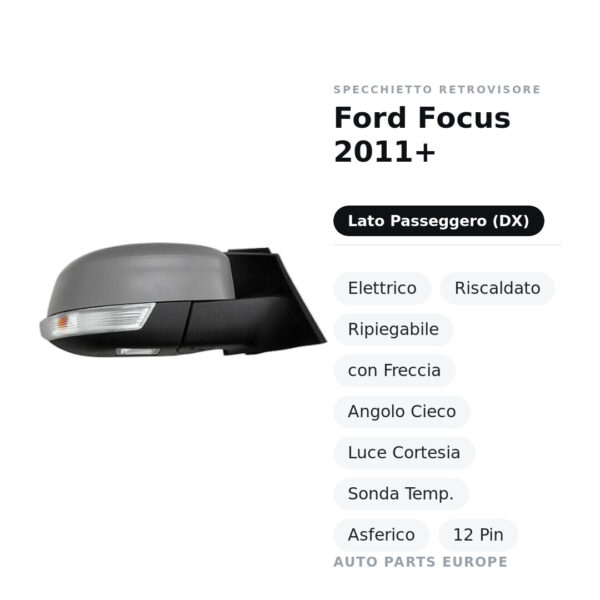 Außenspiegel Rechts Ford Focus 2011+ – Elektrisch, Beheizt, Klappbar, mit Blinker, Toter Winkel, Innenleuchte