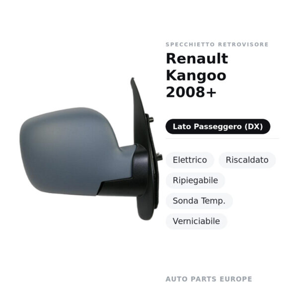 Außenspiegel Rechts Renault Kangoo 2008+ – Elektrisch, Beheizt, Klappbar, Temperatursensor, Lackierbar – Bild 2